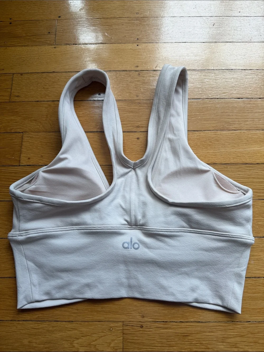 ALO Yoga Macademia Ruched V-Neck Bralette in Light Beige